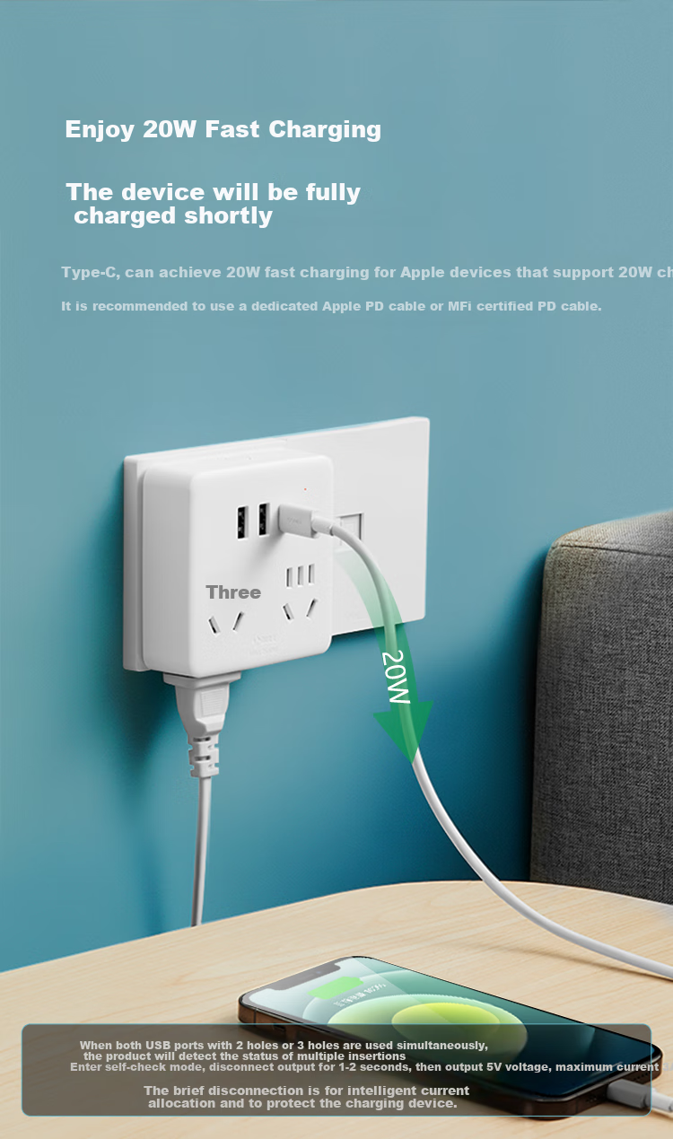 BULL 20W PD Apple Fast Charging Socket Adapter Multi-Port/4-Port Converter Plug/Adapter/power Strip, 86 Type, 4 Outlets with Master Switch + USB GN-9322KQ 4