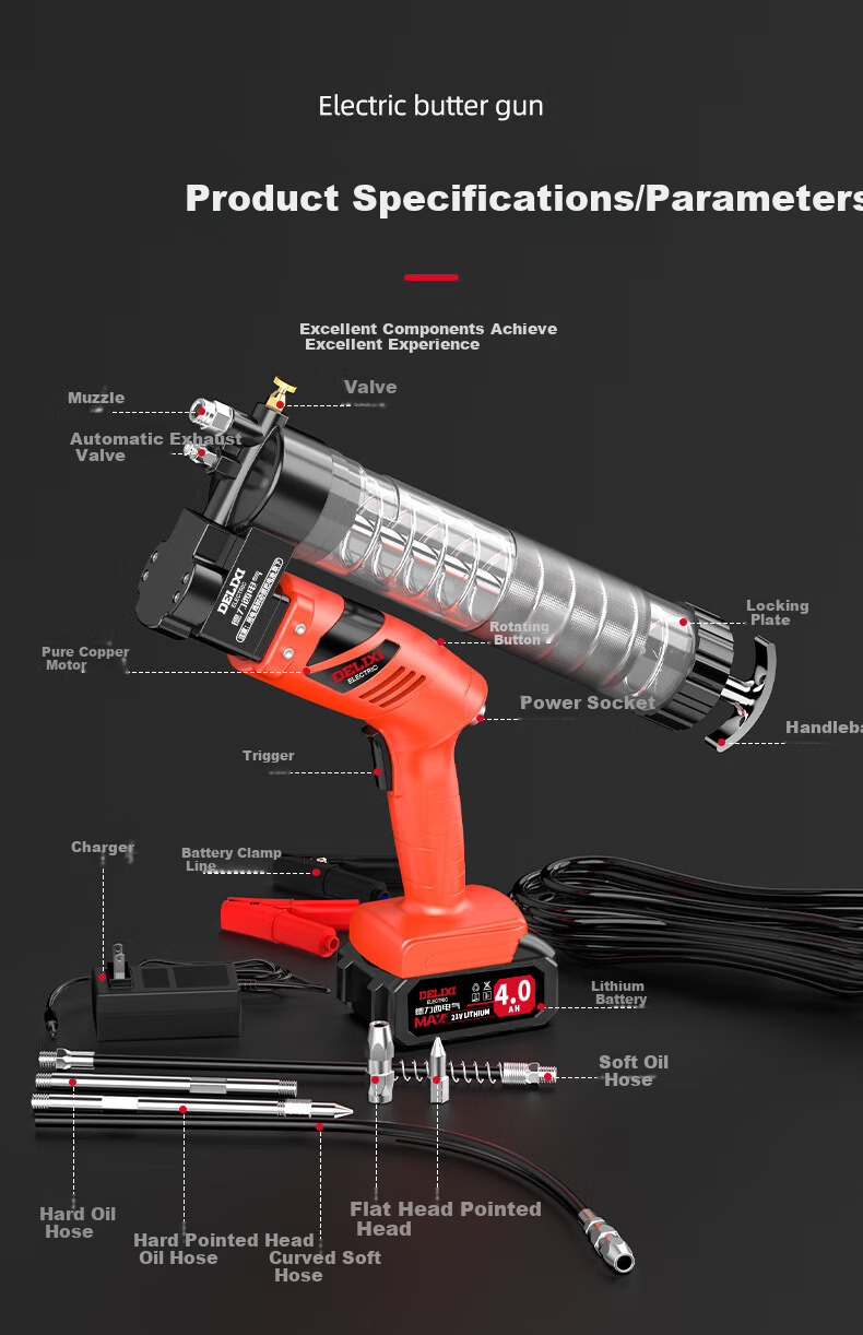 DELIXI Electric Grease Gun, 21V/24v Fully Automatic Caterpillar Filling Machine, High-Pressure Lithium Battery Excavator, Suire Model, 2Ah 19