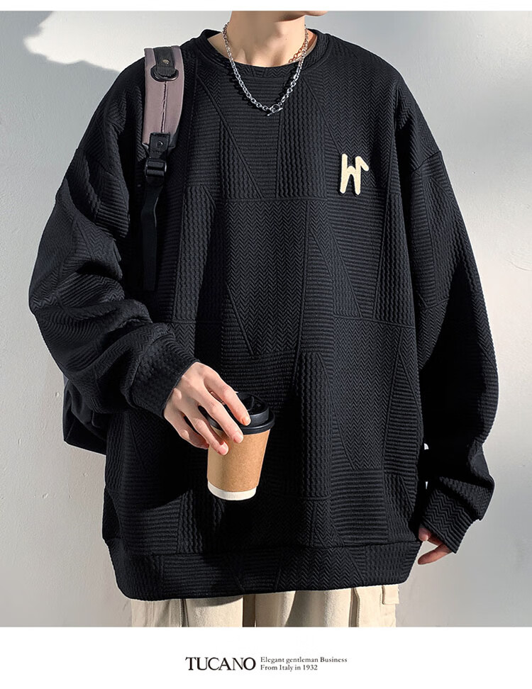 TUCANO Men's Casual Long Sleeve Sweatshirt Loose Fit Waffle Knit Pullover Black 4XL 5