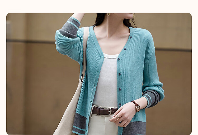 Demana Soft Wool Blend Spring Autumn Gentle V-Neck Colorblock Cardigan Drop Shoulder Knit Top for Women 2