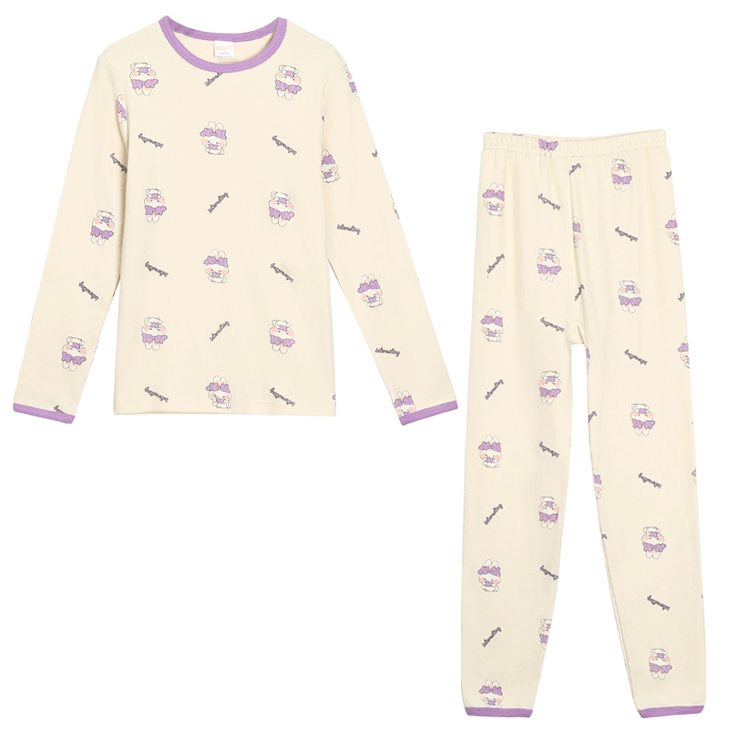 Hodohome Kids Girls Cotton Antibacterial Thin Thermal Underwear Set 7A Round Neck Printed Warm Pajamas 108 150