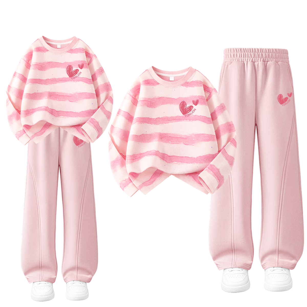 TonLion Spring Girls' Set Trendy 100% Cotton Long Sleeve High Elastic Yoga Bell-Bottom Pants Two-Piece Pink 110