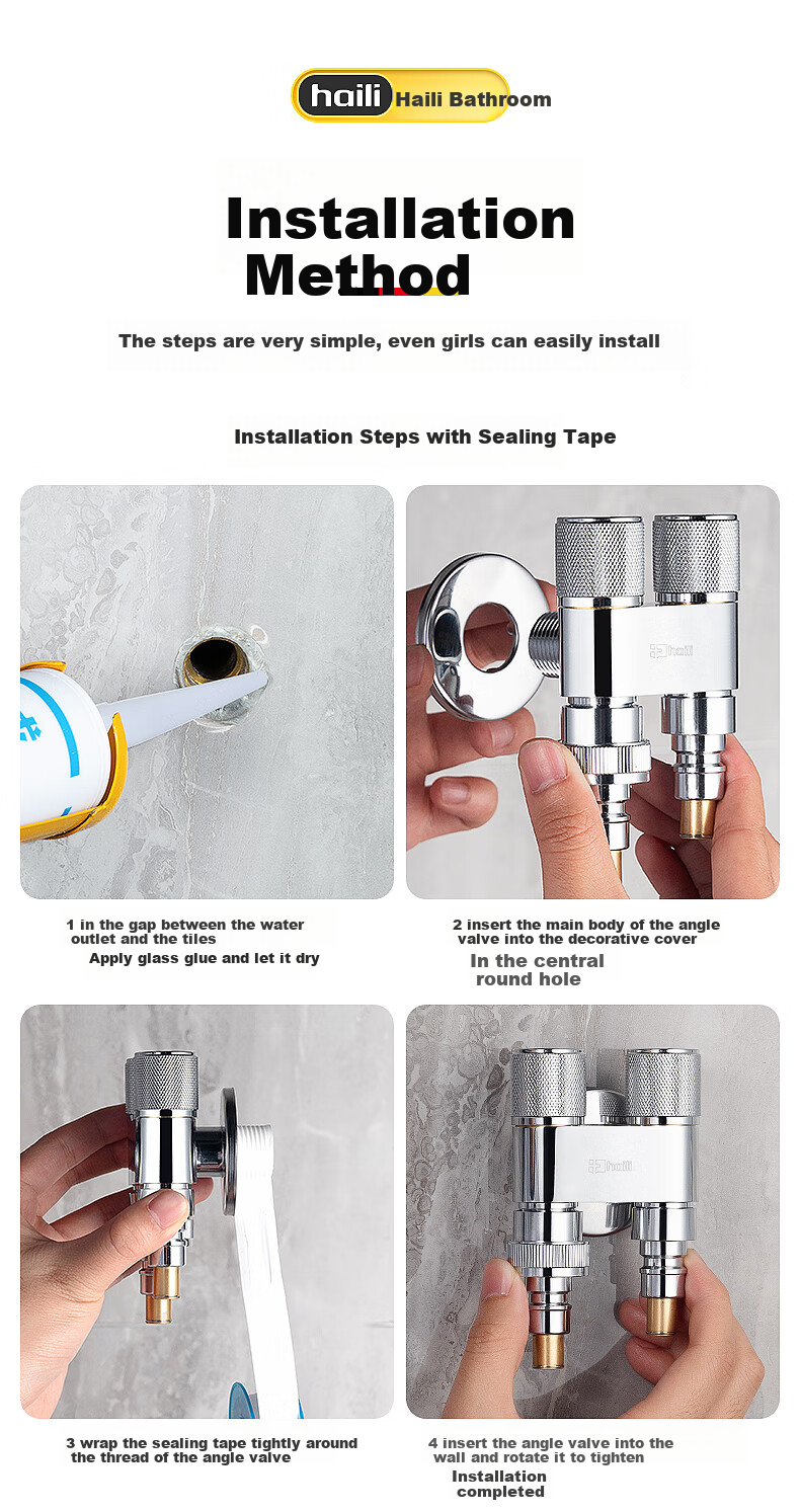 Haili Copper One-In Three-Way Angle Valve with Dual Control for Washing Machine Faucet, Detachable Water Stopper, 4/6 Points B22Q 12