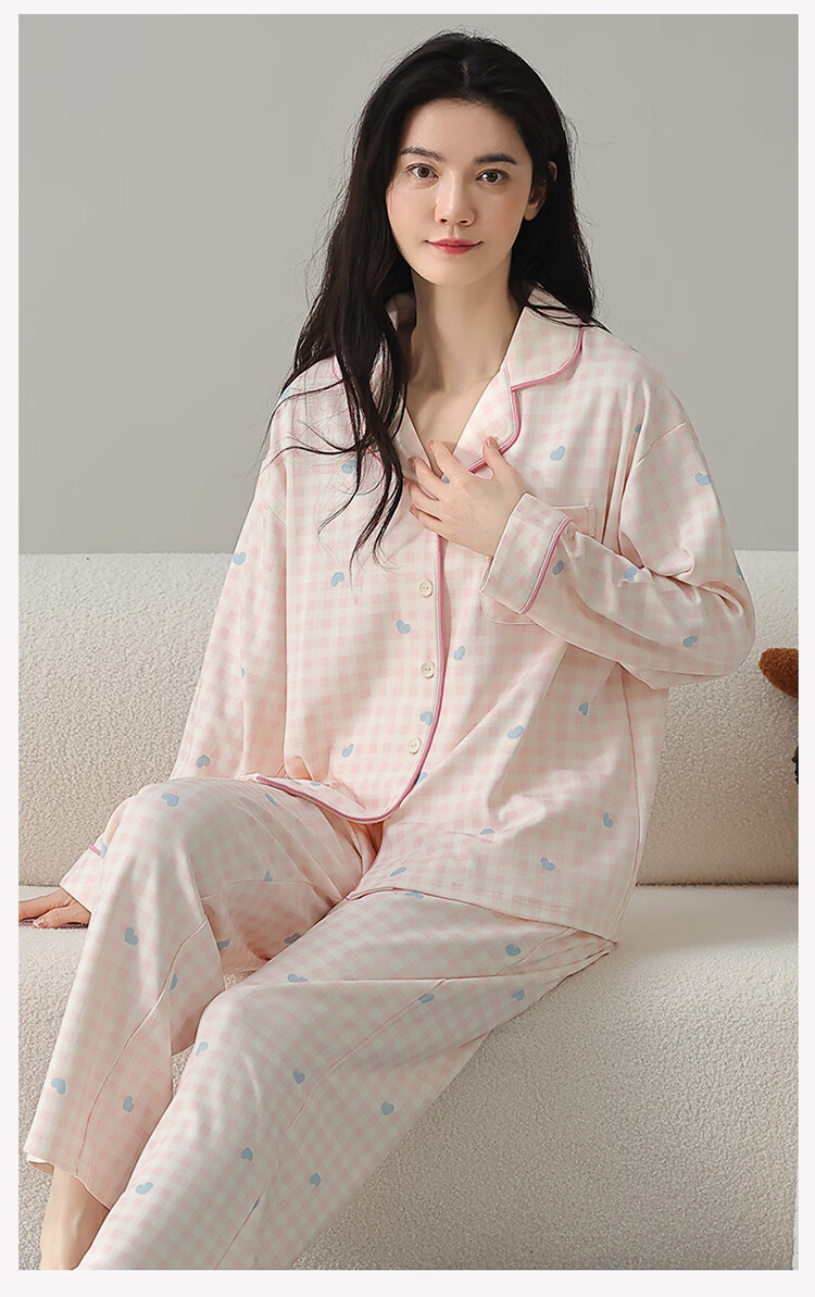 Ordifen Women's Pajamas, 100% Pure Cotton, Turn-Down Collar, Long Sleeves, Plaid Pattern with Cute Dog Pocket, Wearable Outside, Loungewear, Pink, Size M 1