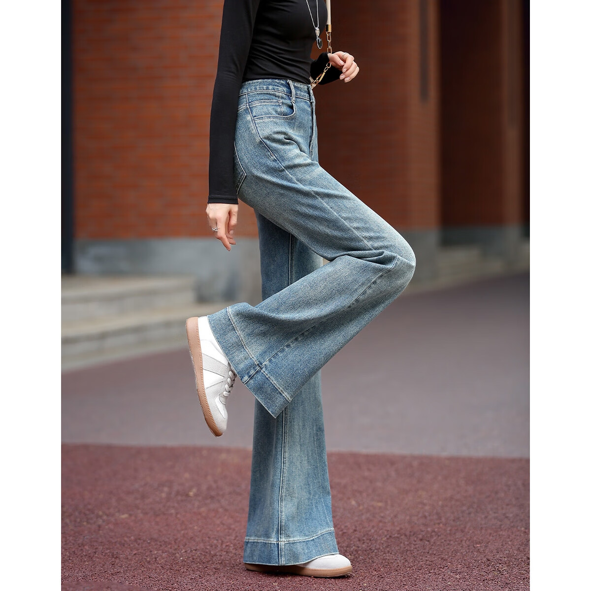Demana Long Leg Flared Jeans Autumn Korean Style Cloud Oxygen Cotton High Waist Vintage Washed Textured Stitching Women's Denim Pants
