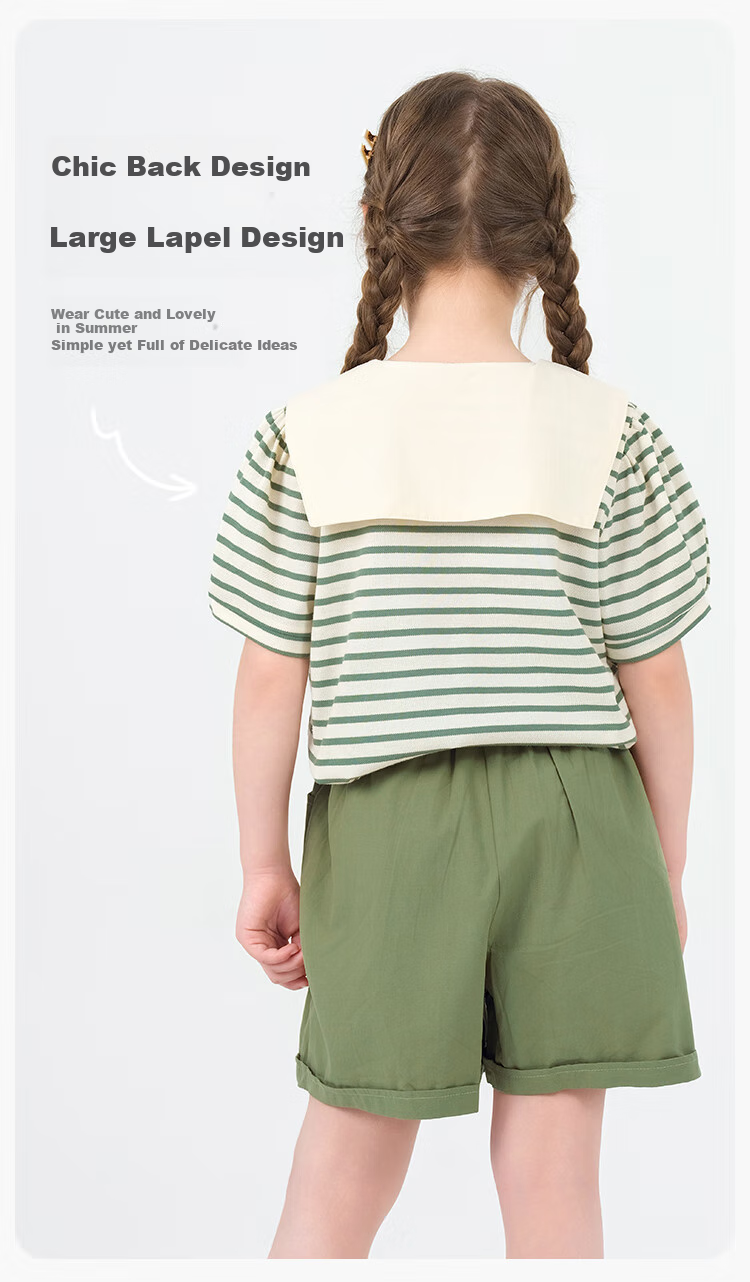 Disney Girls' Summer Set: Short-Sleeve T-Shirt And Shorts, Preppy Style Two-Piece Set with Peter Pan Collar T-Shirt, Khaki, Size 120 5
