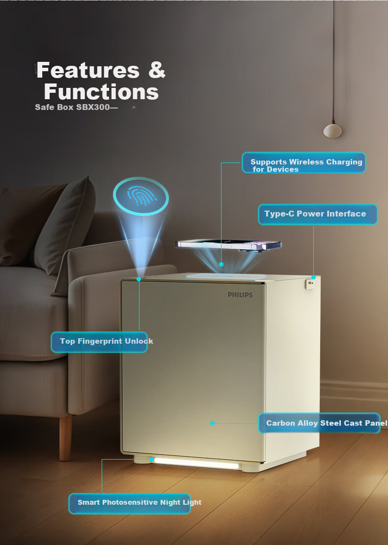 PHILIPS Safe, Home Bedside Cabinet-Style, Wireless Charging, Smart Alarm, Fingerprint Password Key, Office Safekeeping Box, Safe SBX300, Smoke White 2