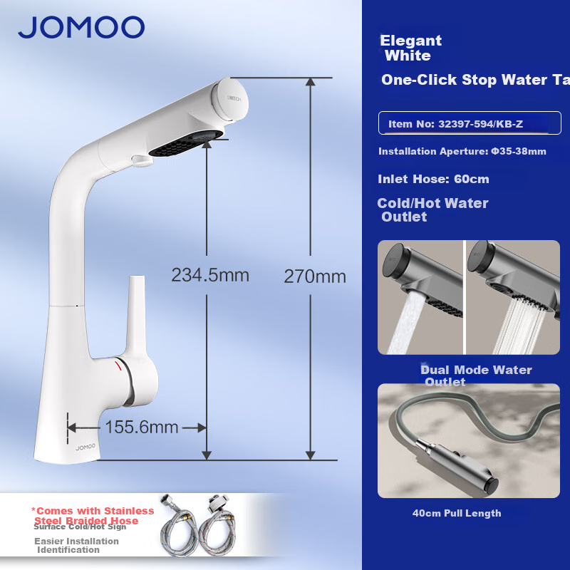JOMOO Basin Faucet, Multifunctional Pull-Out One-Button Water Stop, Dual Control Hot And Cold Water Outlet, Elegant 32397-594/KB 2