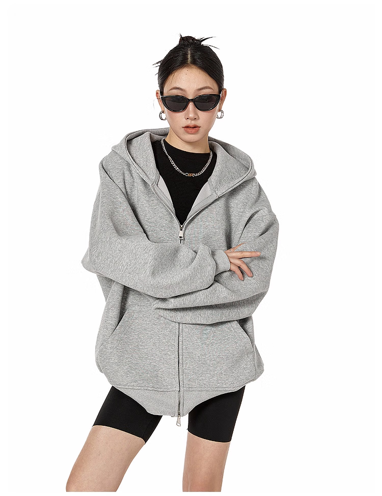 ICH MODE Fleece-Lined American Style Hoodie Jacket Women Autumn Winter Loose Fit Double Zipper Cardigan Lazy Long Sleeve Coat Black L 6