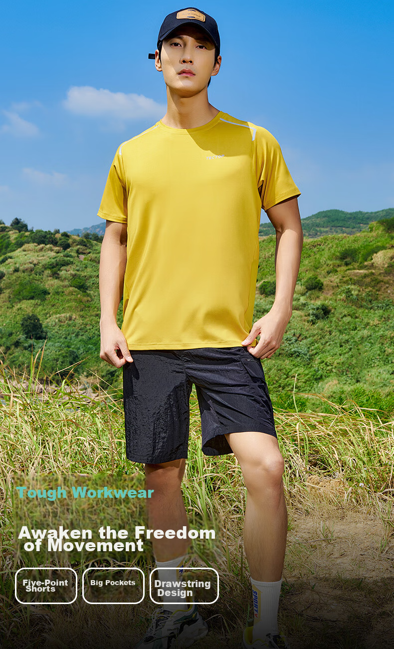 TECTOP Five-Point Shorts, Men's Outdoor Solid Color Tech Fabric Workwear Wear-Resistant Running Sports Pants 227, Men's Black S 1