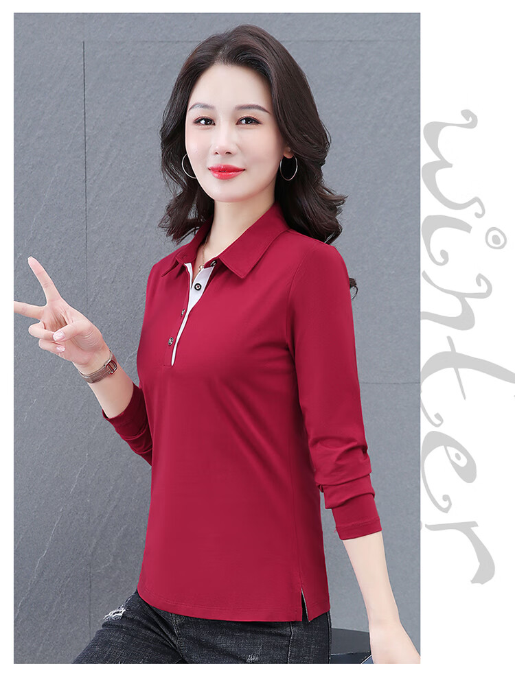 Woodpecker Women's Long Sleeve Cotton Polo Shirt, Spring Autumn New, Middle-aged Plus Size Casual Top, Gray, L 18