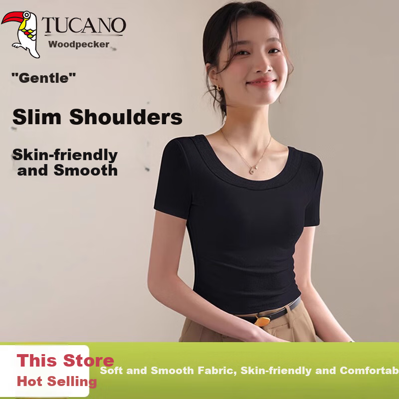 TUCANO Women's Regular Shoulder Short Sleeve T-Shirt, Summer 2025 New Style, Round Neck, Slim Fit, Short Length, Slimming Base Layer Top, Black, 2XL