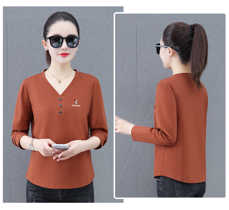 Woodpecker V-Neck Raglan Long Sleeve T-Shirt Women Autumn New Pure Cotton Fashion Casual Plus Size Base Shirt Top Gray Green 2XL 9