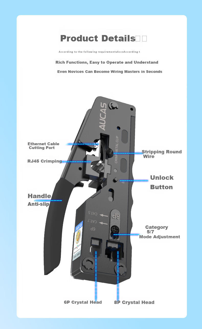 AUCAS Network Cable Crimper, Network Telephone RJ45 Connector Crimping Tool, 6P/8P Multifunctional Professional-Grade Category 6/7 RJ45 Shielded Swallow-Tail Crimping Pliers ACPT7-567 10