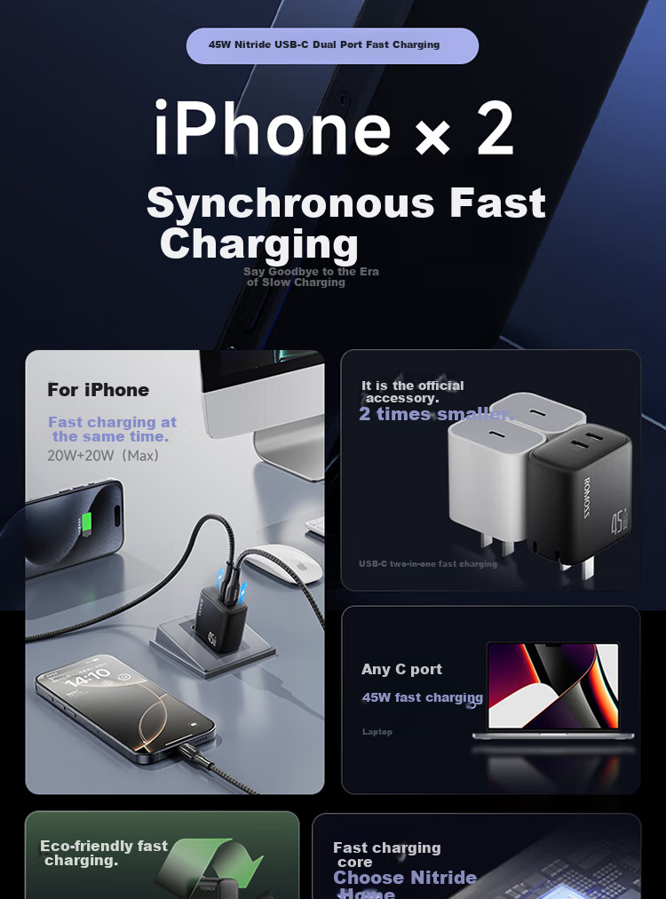 ROMOSS 45W Gallium Nitride Apple 16 Charger, IPhone 16 Pro MAX Charging Head, Multi-Port Fast Charging, Compatible with PD30W, for Apple 15/14, Samsung S24, Phones, Tablets, Laptops 2
