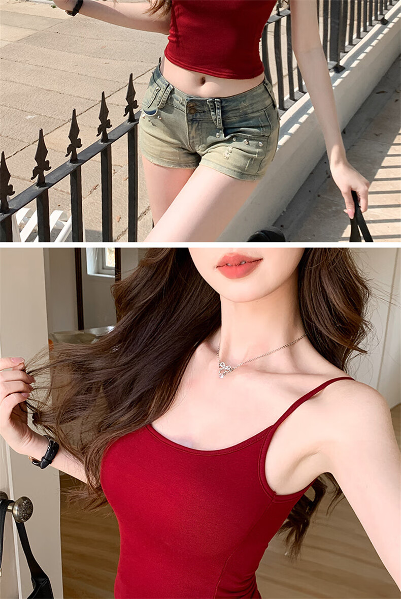 LangSha Red Spaghetti Strap Women's New Padded Sexy Sleeveless Tank Top Outerwear Qi Ji Red Shirt 14