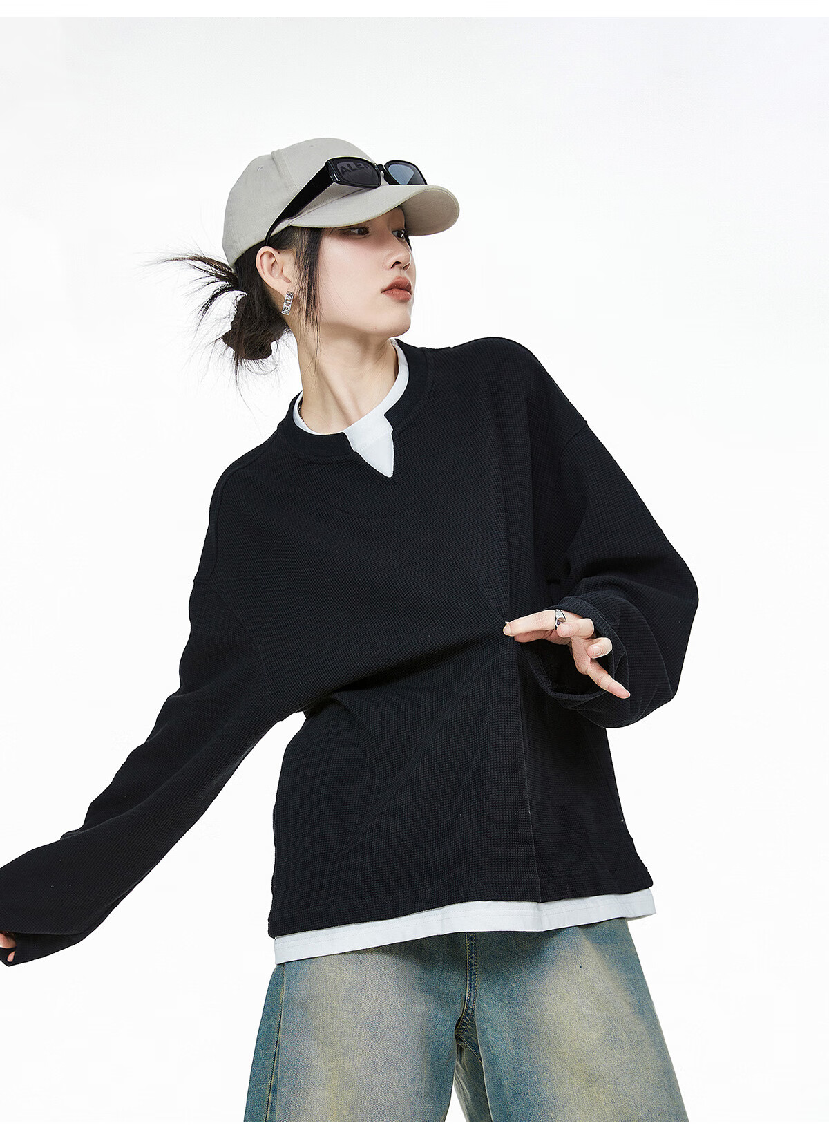 ICH MODE Women's Pullover Sweatshirt American Waffle Long Sleeve T-Shirt Autumn Winter Loose Casual Henley Neck Top Gray L 30