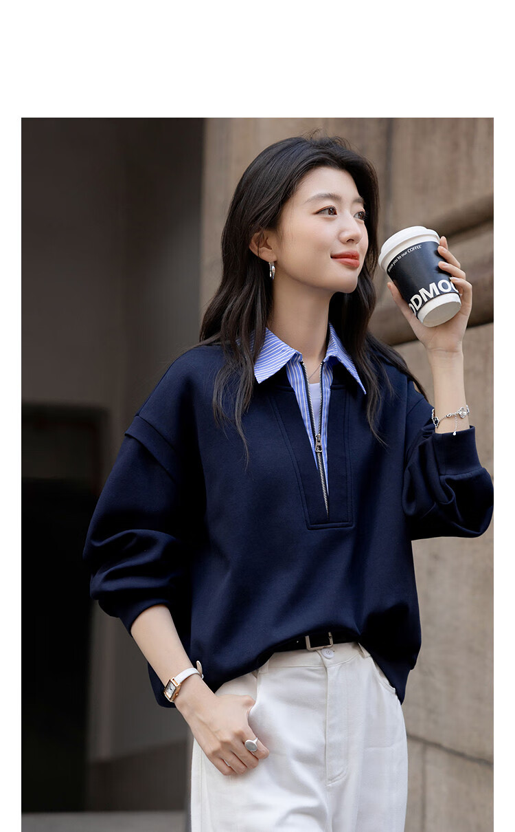 Demana [Comfort Elastic 350G Air Layer] Autumn High-Intelligence Fake Two-Piece Striped Splicing Lapel Loose Women's Sweatshirt 3