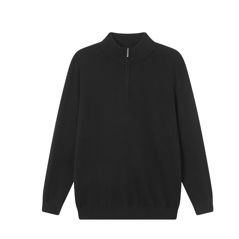 JD Jingzao 100% Cashmere Men's Sweater Wool Knitwear Winter Half-Zip Pullover Extreme Black 2XL