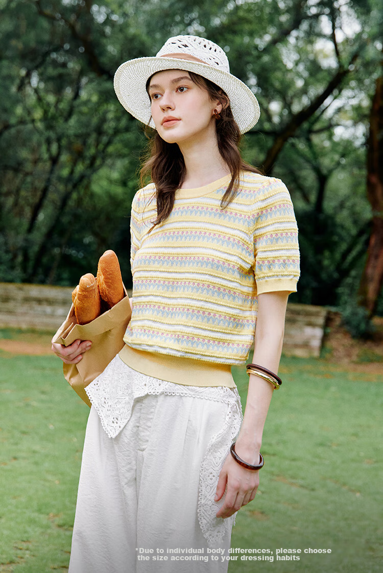 INMAN [Showroom Style] Suoluna Cool-Feeling Striped Short-Sleeve Women's Top, Summer 2026 Knitted Sweater, Yellow, Size L 8