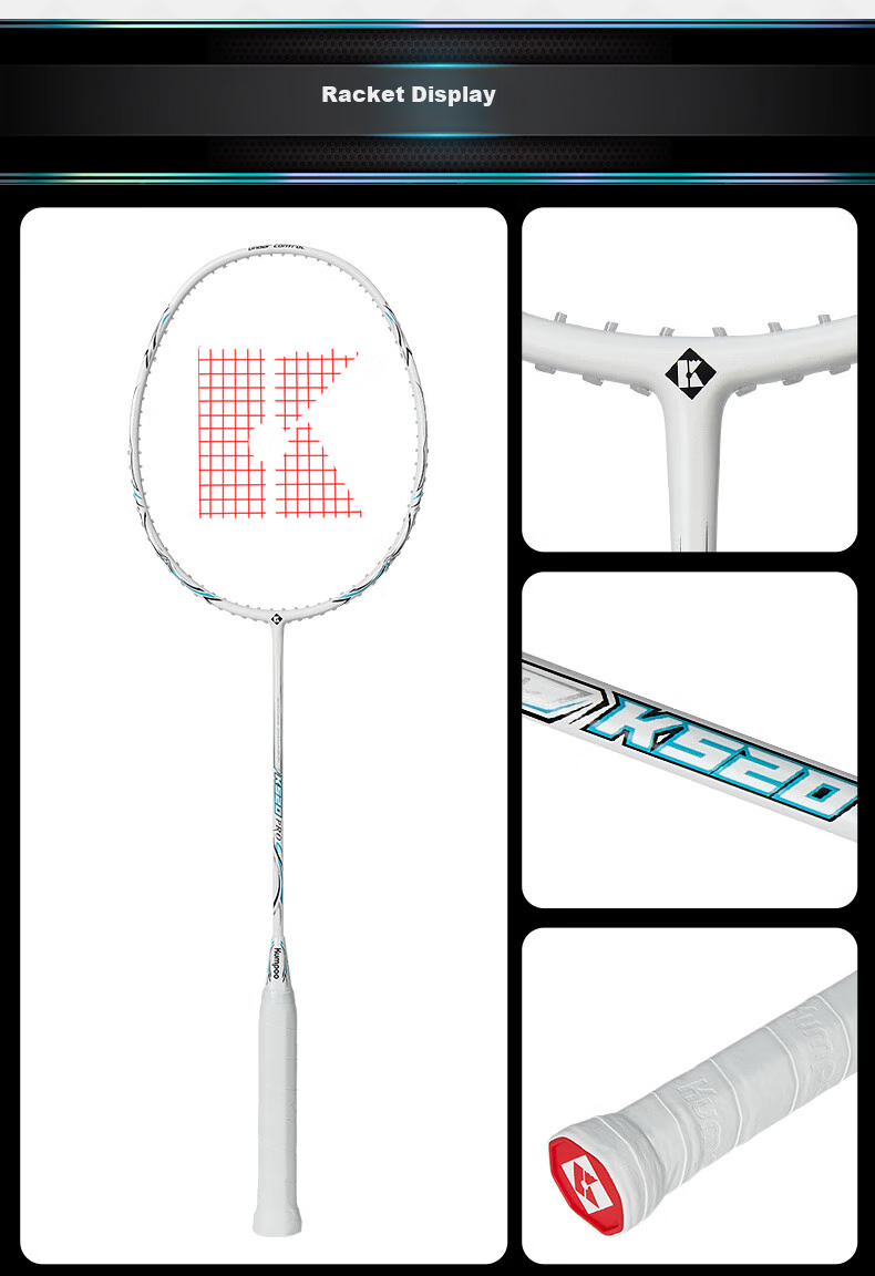 KUMPOO Badminton Racket, Full Carbon Ultra-Light for Beginners, Upgraded Version of Xunfeng Racket K520 PRO, Elegant Black with White Line 6