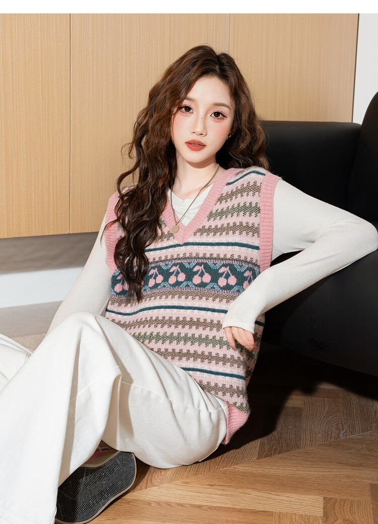 TonLion 2024 Women's V-Neck Jacquard Knit Vest Sweater 7
