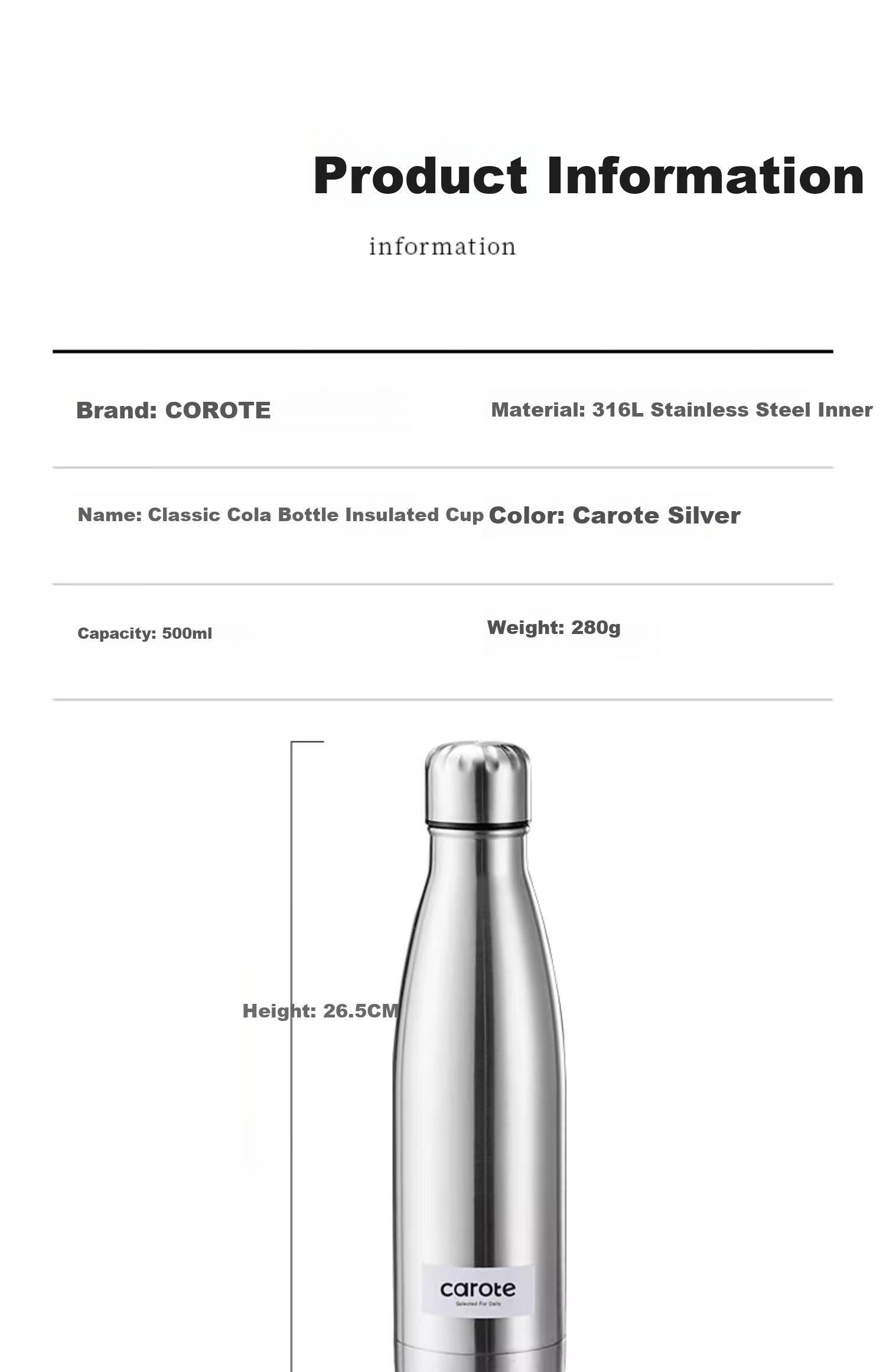 CaROTE Simple Insulated Cup, Sports Water Bottle for Men And Women, Stainless Steel Portable Mug, Cola Bottle 21