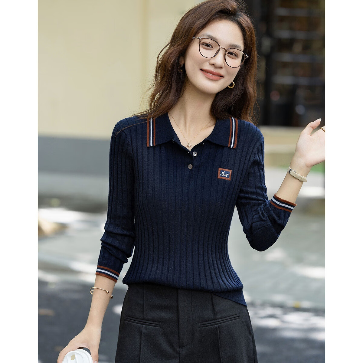 Demana Autumn Smart Collar Colorblock Letter Embroidered Slim Knit Sweater with Fluffy Wool for Women