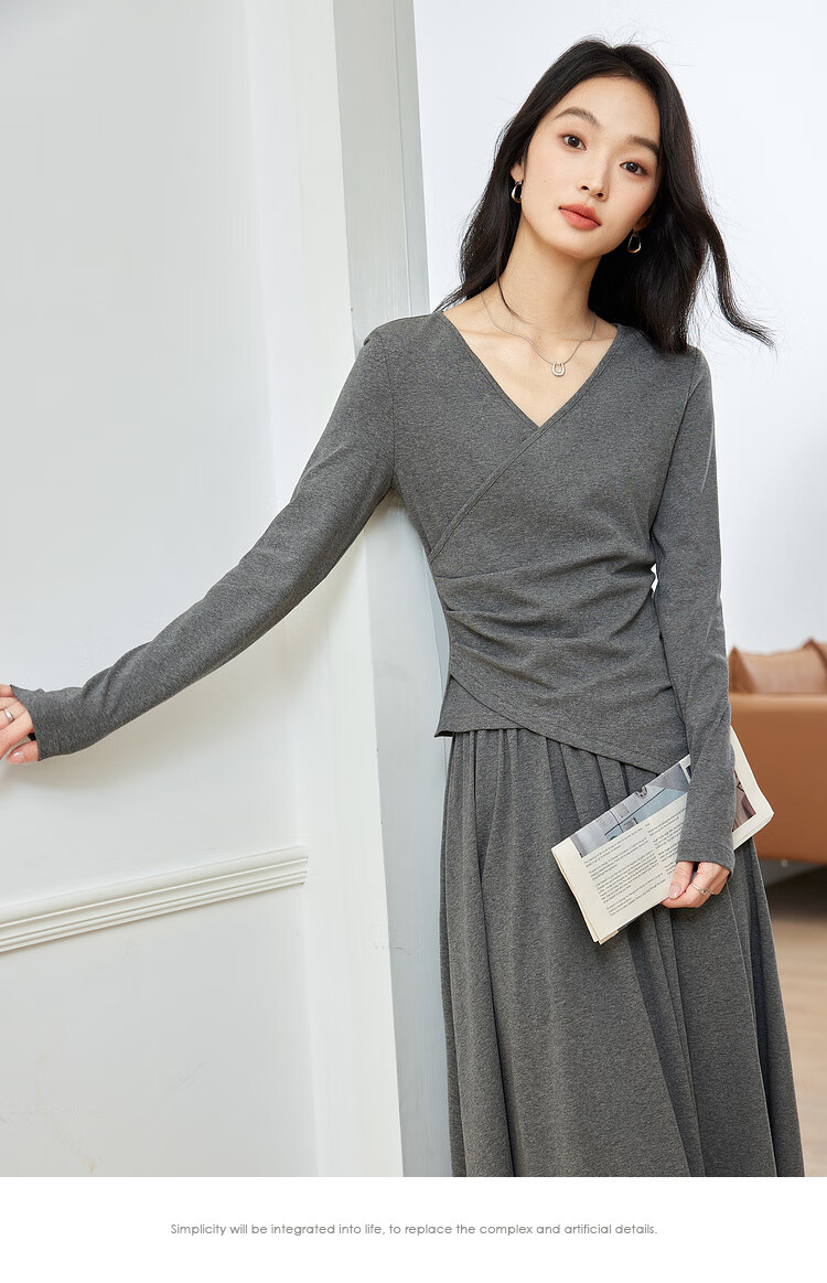 Fanximan French Style Elegant Set Dress Women Autumn New Slimming Top and Skirt Casual Suit Light Gray XL 5