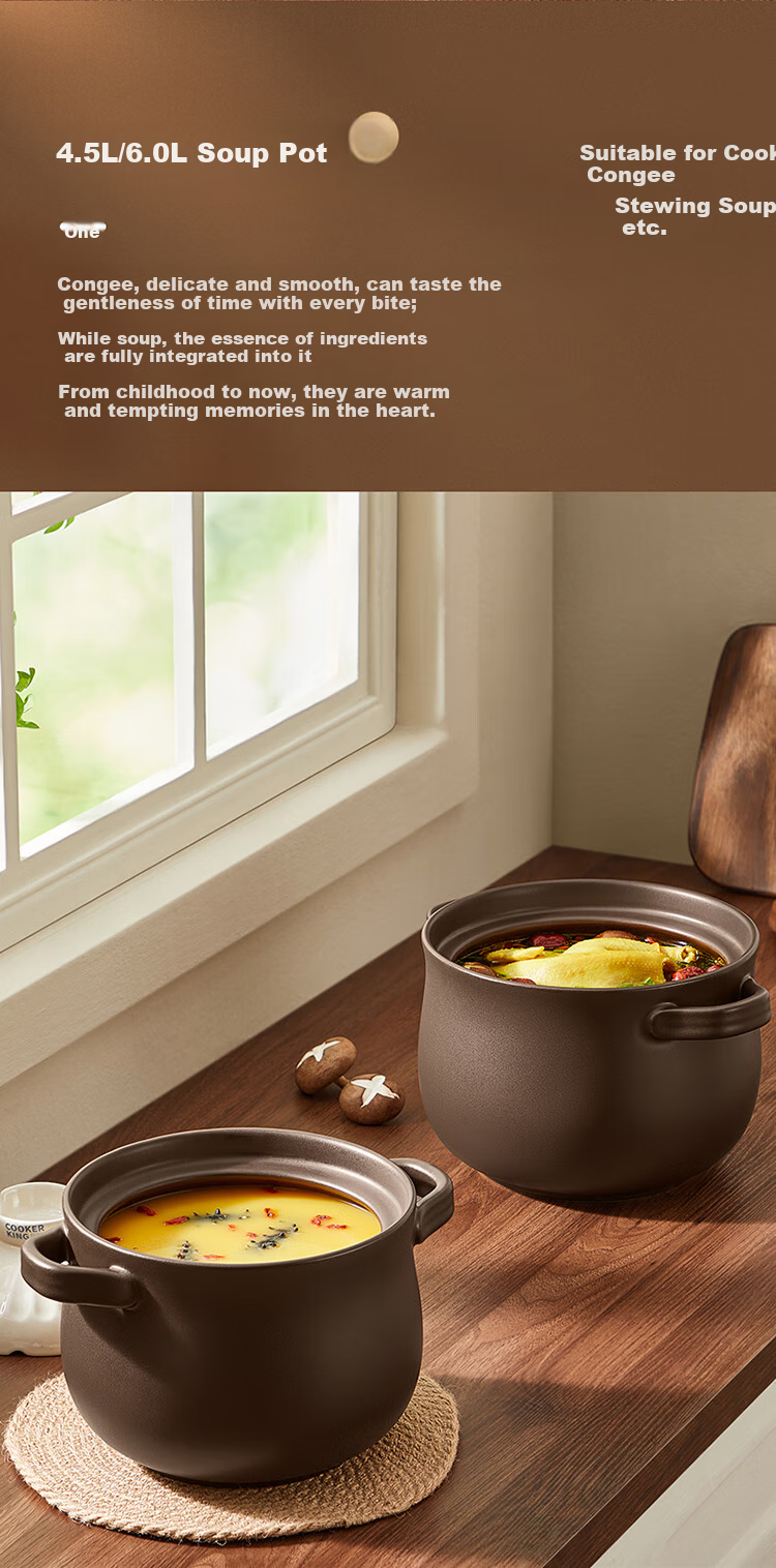 COOKER KING Ceramic Pot 4.5L Casserole for Soup, Medicinal Decoction, Porridge, Rice, Stew Pot Health Soup Pot Large Belly Pot for Open Flame Use 8