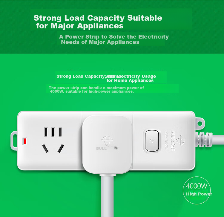 BULL High-Power 16A Socket Power Strip / Extension Cord / Power Board for Air Conditioner, Water Heater, Electric Heater, Suitable for 2 Outlets with Master Switch, Total Length 5 Meters GN-S102D 2