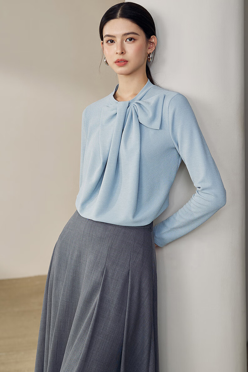ROEYSHOUSE French Style Shiny Silk Bow Long Sleeve Knit T-Shirt for Women Spring 12691 Dark Blue M 2