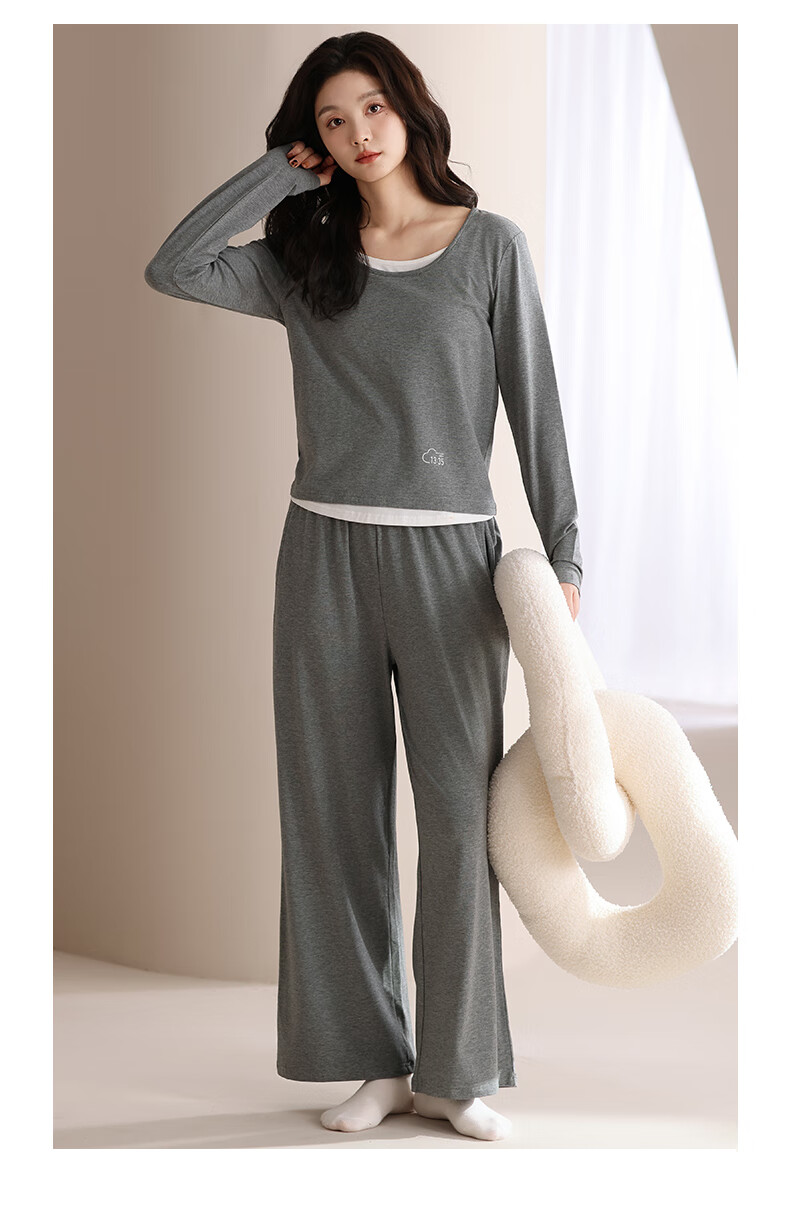 Yiershuang 100% Cotton Women's Sleepwear Spring Autumn Long Sleeve Round Neck Two-Piece Set Loose Homewear Suitable for Outdoor Wear 6