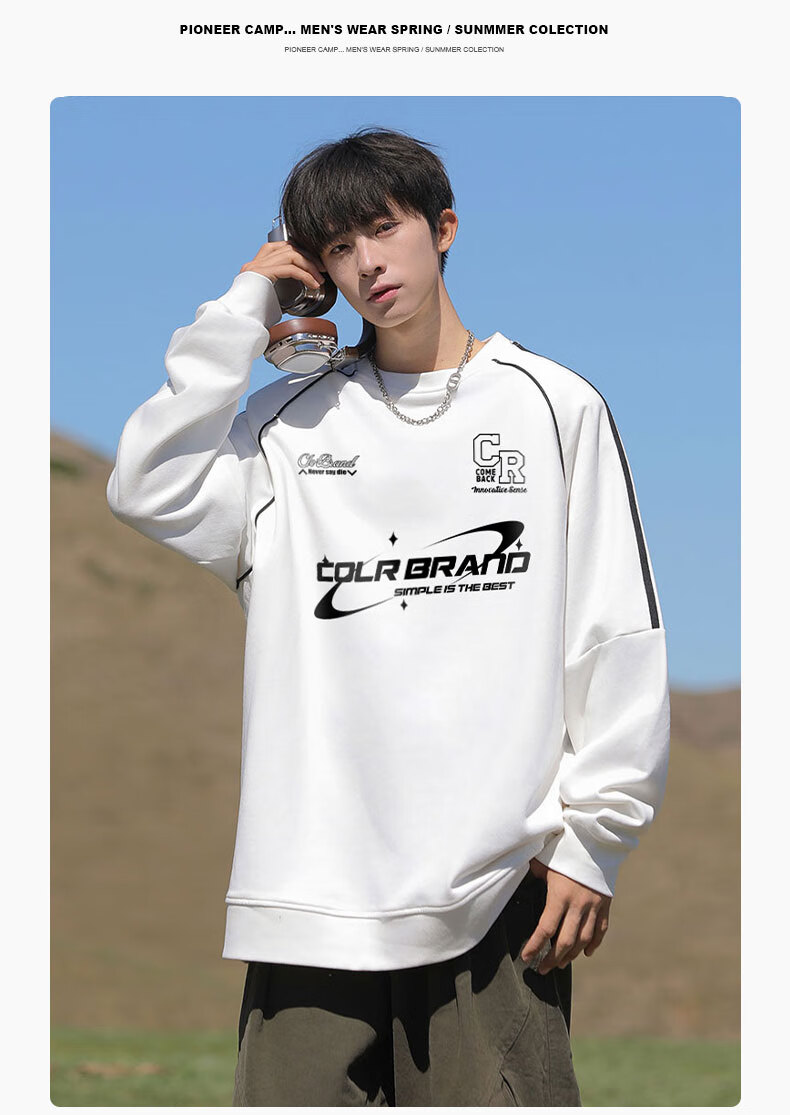 CLOR American-Style Striped Patchwork Sweatshirt for Men, Spring And Summer Style, Trendy Casual Loose Long-Sleeve T-Shirt WYC10 White M 13