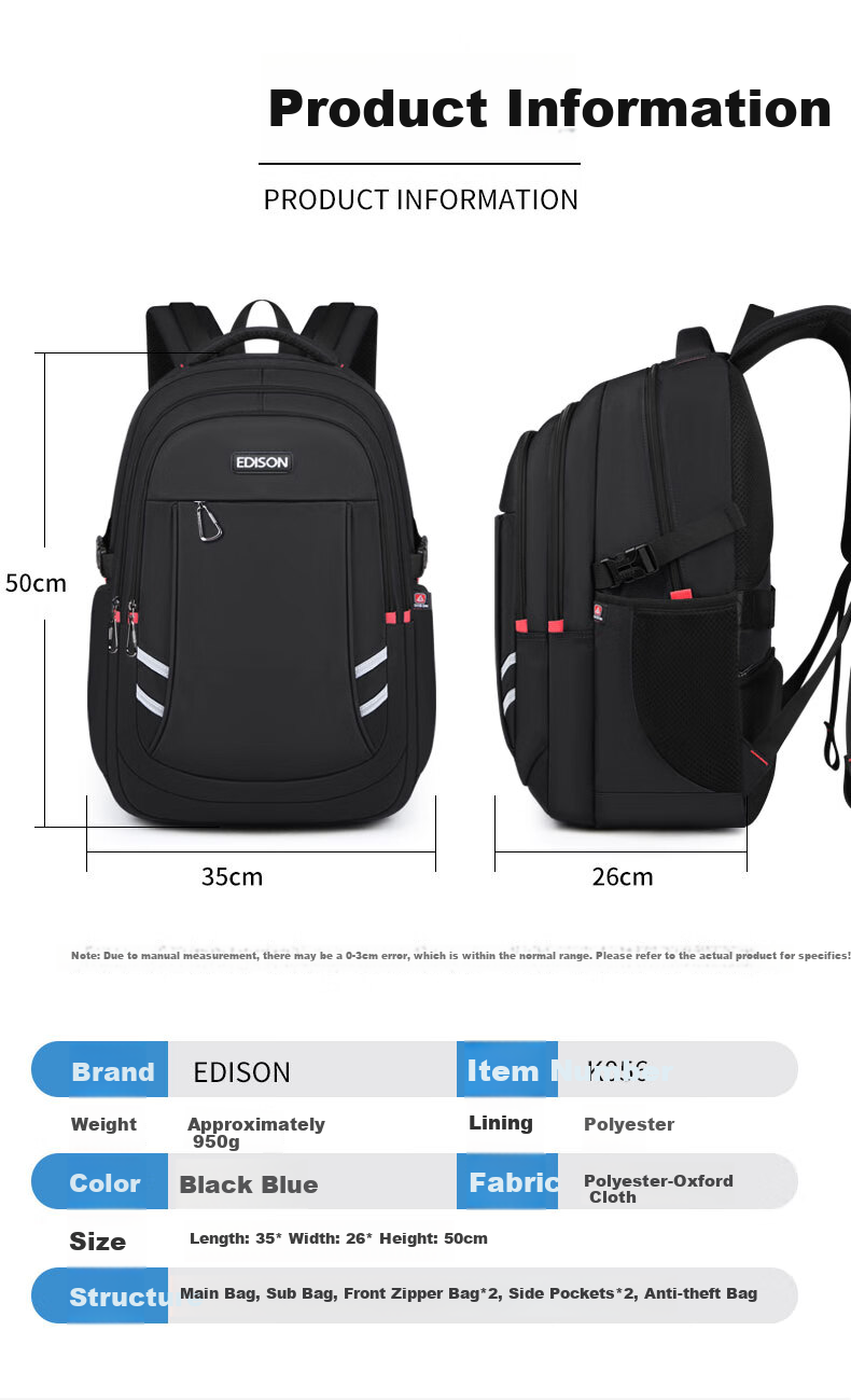 Edison High School Student Backpack with Spine Protection, Large Capacity, Water-Resistant, Reflective, Middle School Travel Backpack K056-1G Black 4