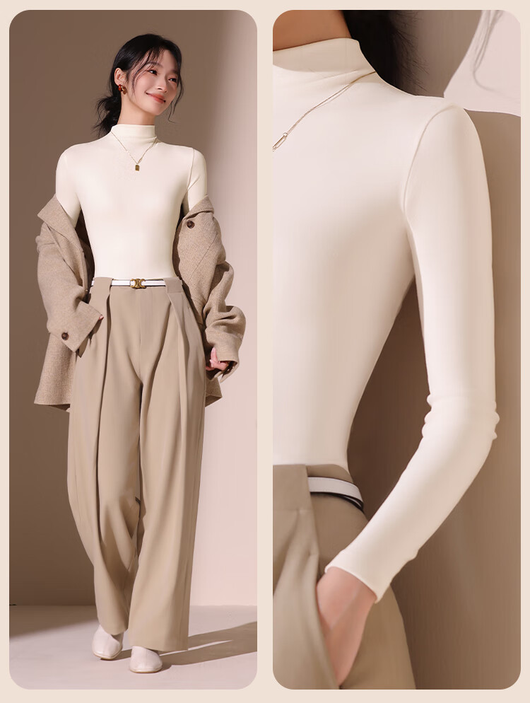 Urban Beauty Camellia Moisturizing Semi-Turtleneck Fleece-Lined Long Sleeve Base Layer Top for Women Autumn Winter High Elastic Soft Inner Wear 14