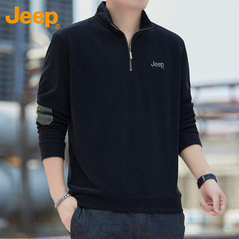JEEP Men's Autumn Winter Zip-up Loose Long Sleeve T-shirt Casual Sportswear Black XL