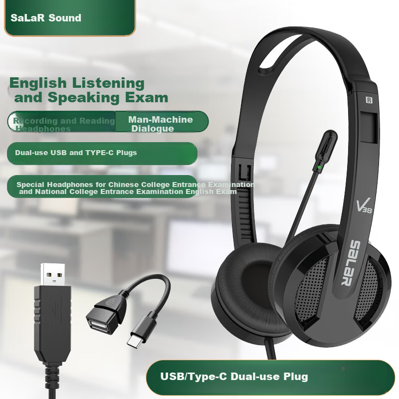 SaLaR V38 Computer Headphones for English Listening And Speaking Exams, Human-Computer Dialogue Practice, English Learning Headphones with Microphone, Student Over-Ear Design, USB Plug And Type-C Port Compatible, Universal Black Color