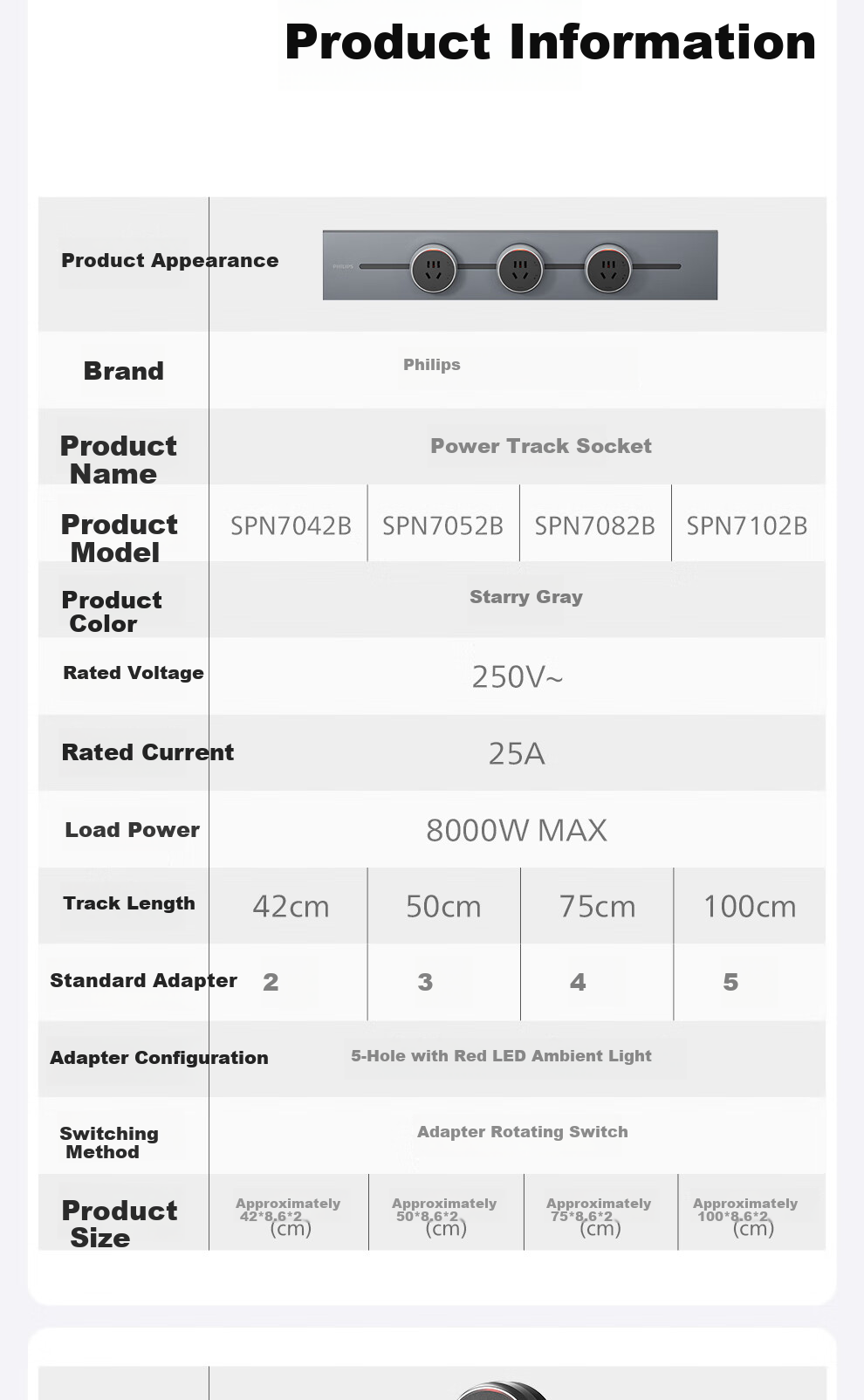 PHILIPS Surface-Mounted Track Socket Switch Panel, Wall-Mounted without Groove, Movable Sliding Rail Panel, Sideboard Track-Type Sliding Power Strip, 42cm Track + 2 Adapters, Gray 11