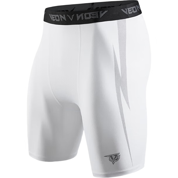 VEIDOORN Basketball Compression Breathable High-Elasticity Leggings, Lightning Series, White Knee-Length Shorts, XL