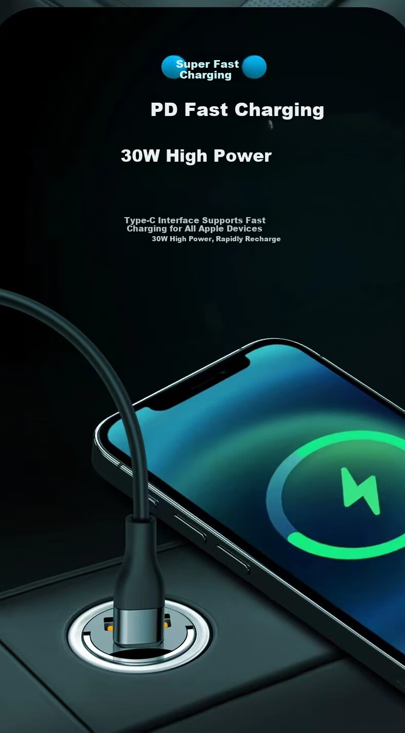 YOMO Car Charger, Cigarette Lighter Socket, PD30W All-Metal Super Fast Charging Adapter Plug, Compatible with Apple 16 Huawei/Xiaomi, Dual-Port, Black 6