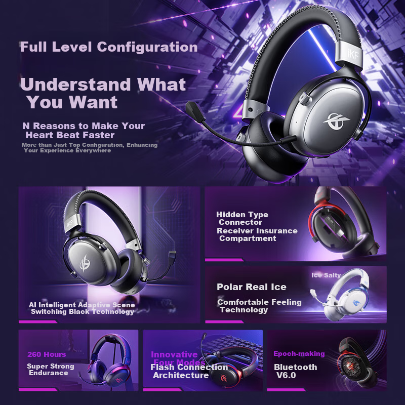 Игровые наушники iKF V11 Max, беспроводные, с микрофоном, 7.1 объемный звук, Bluetooth, черный и красный