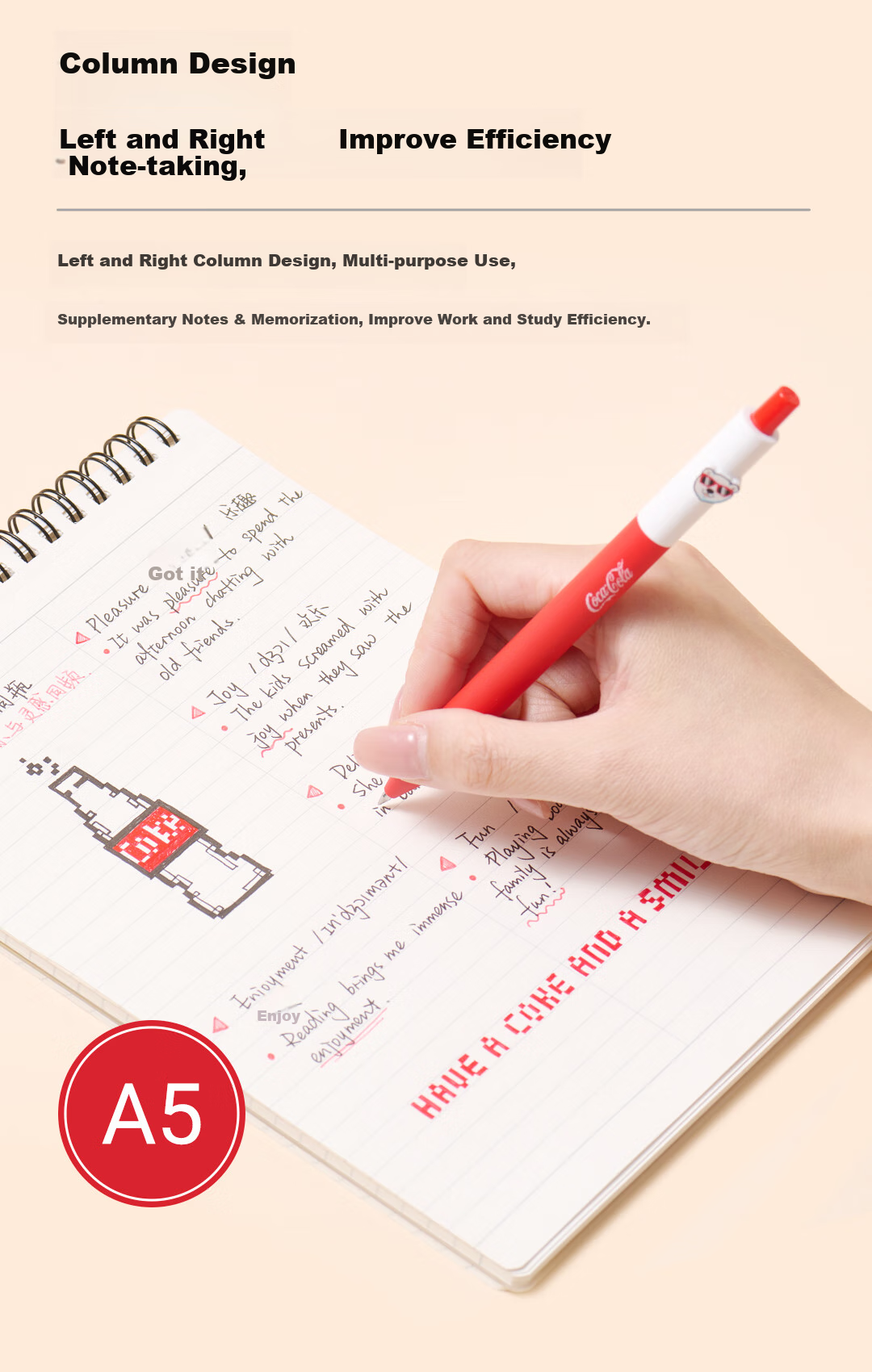 KACO A5 Spiral Notebook, Vertical Flip, Coil PP Cover, Quick Note-Taking, 7mm Center Column Line, 60 Pages/book, 1 Book, Happy Drinking 9