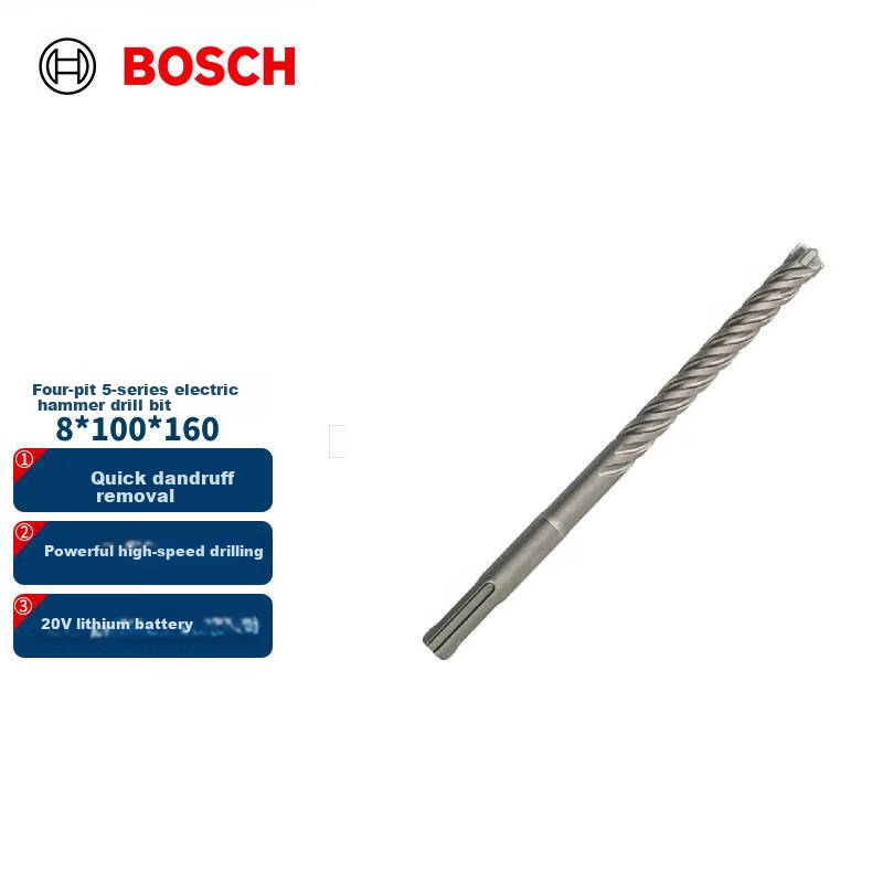 BOSCH Electric Hammer Drill Bit, Four-Hole 5 Series Round Shank, Two-Hole Two-Groove Concrete Masonry Drill Bit, 8x100x160mm, 1 Piece
