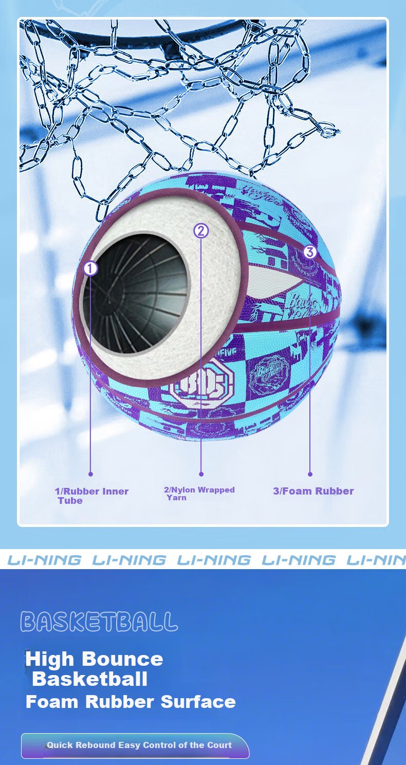 Li-Ning Basketball, Size 7, for Training And Competition, Suitable for Adults, Children, Teenagers, Middle School Students, Indoor And Outdoor Use, Standard Size Seven Rubber Basketball 5
