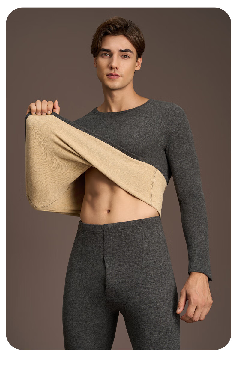 GUJIN Men's Thermal Set Camel Hair Silk Autumn Winter Base Layer Fleece Lined Quick Warm Antibacterial 10A 20