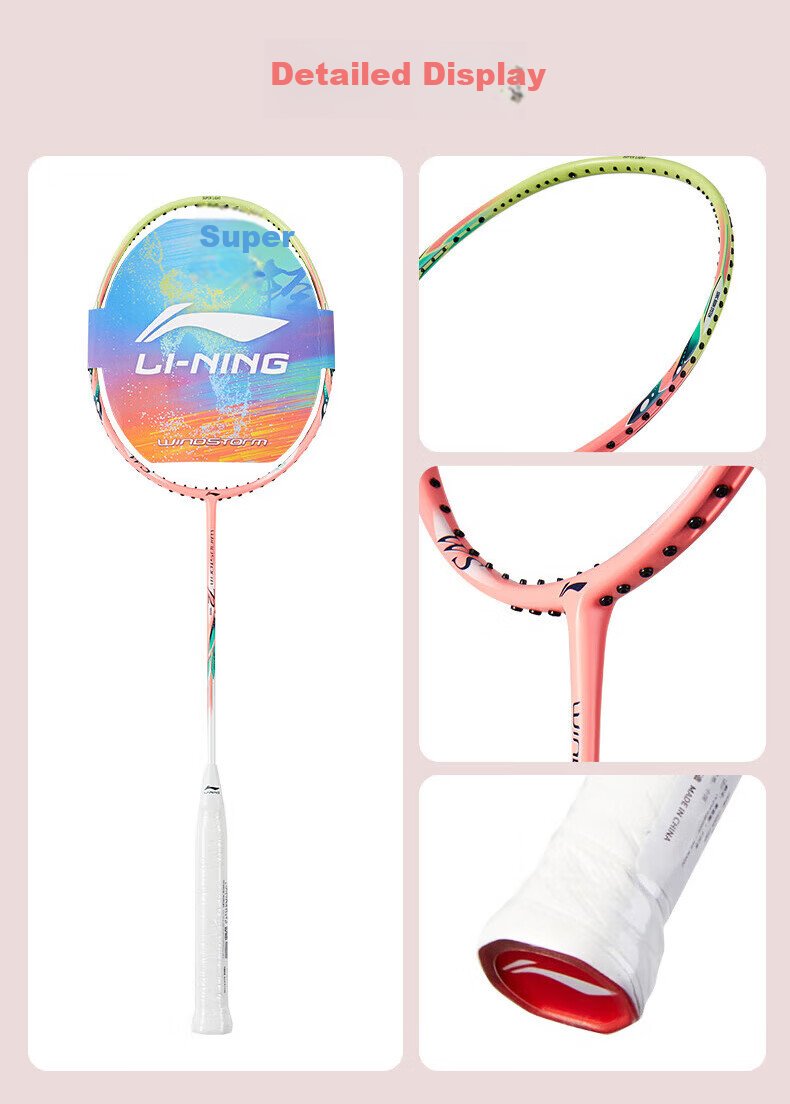 Li-Ning Badminton Racket WS72 Fluorescent Pink Ultra-Light 6U Full Carbon Single Racket Pre-Strung AYPT427-6 6