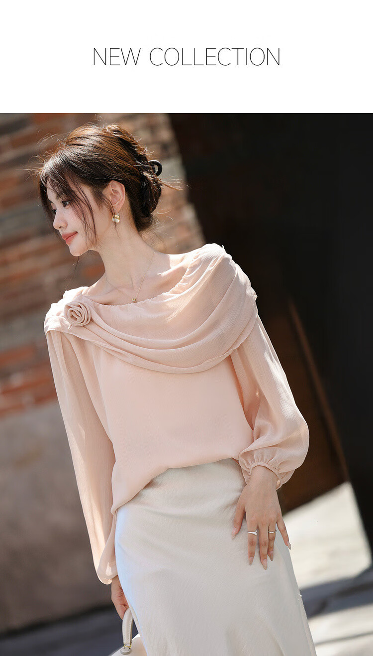 Mt Gentle Impression Spring Elegant Off-Shoulder Floral Decor Lightweight Shirt Women's Top 1