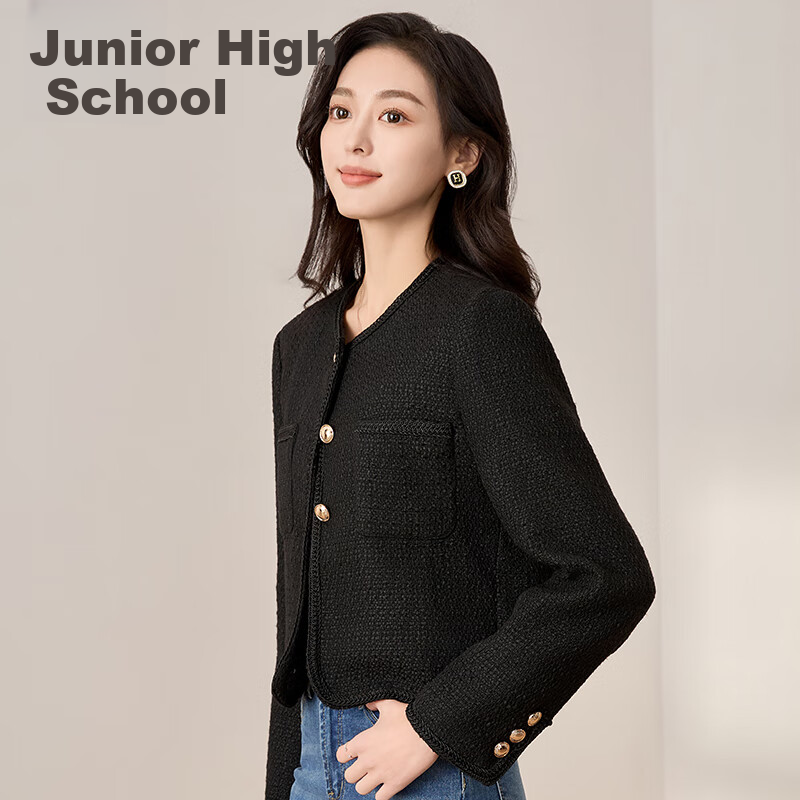 Chushen Spring And Autumn Short Jacket for Women, Exquisite And Fashionable Chanel-Style Short Casual Coat Top S13KF3427 Black M