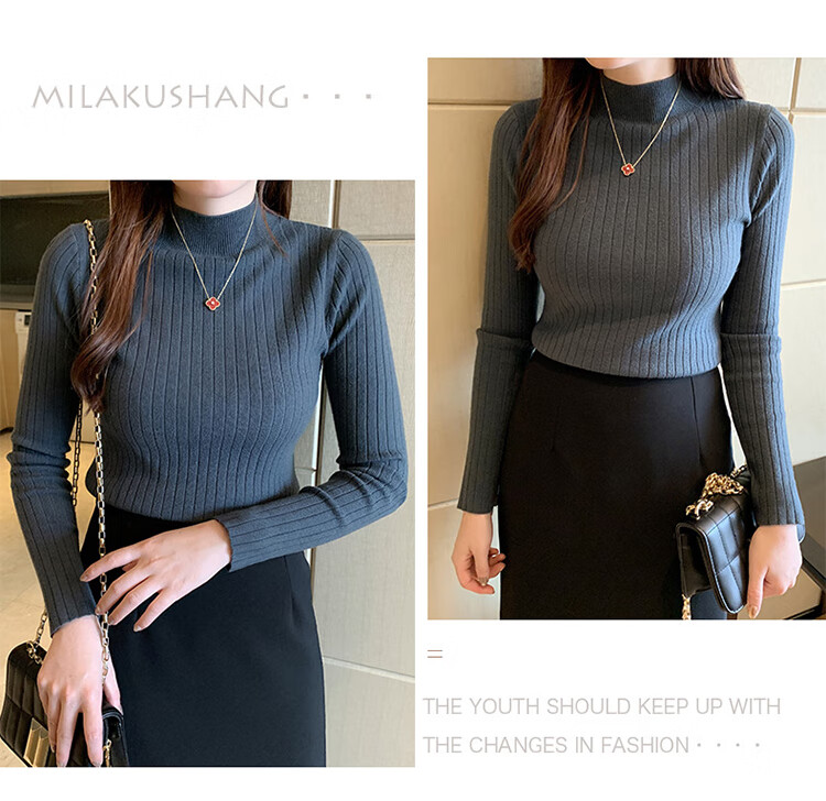 GRACEWELL Women's Knit Sweater Autumn Winter Elegant Half Turtleneck 2025 New Slim Fit Basic T-Shirt Top 23